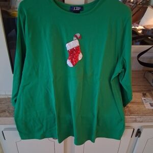 CB Casual Green Long Sleeve Tee with Red Stocking. 1x